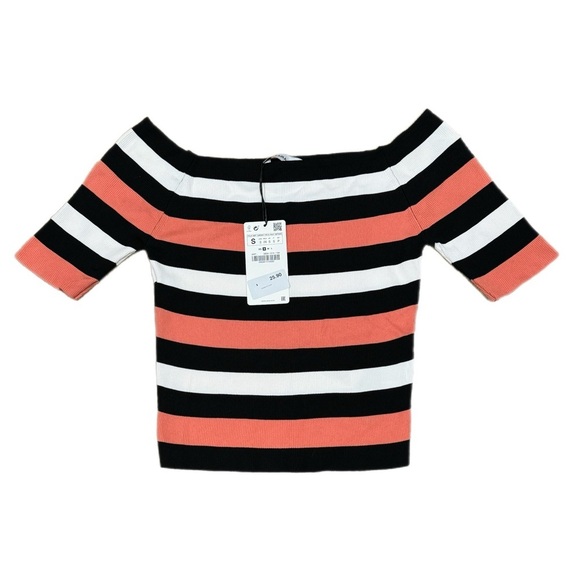 New ZARA Knit Women’s Short Sleeve Off Shoulder Stripe Shirt Sz S Coral Black - Picture 2 of 7